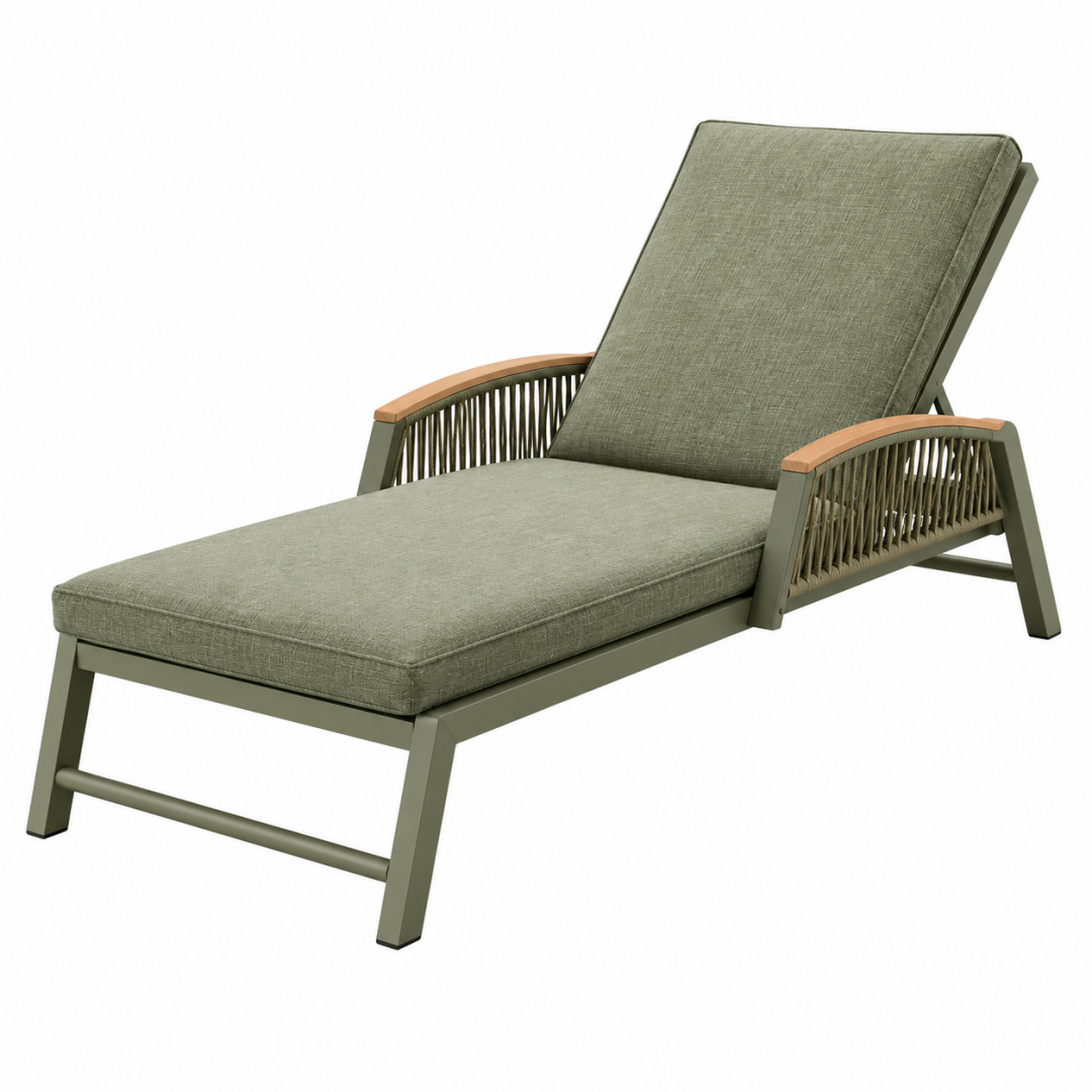 Gartenliege 195 x 72 x 95 cm aus Metall und Seilgeflecht olivgrün mit verstellbarer Rückenlehne