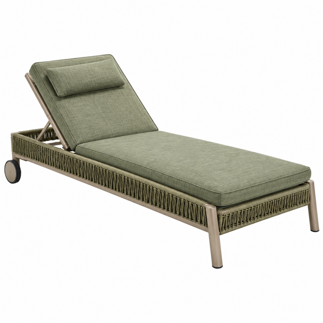 Gartenliege 200 x 70 x 35 cm aus Aluminium und Seilgeflecht Olivgrün - verstellbar mit Rollen