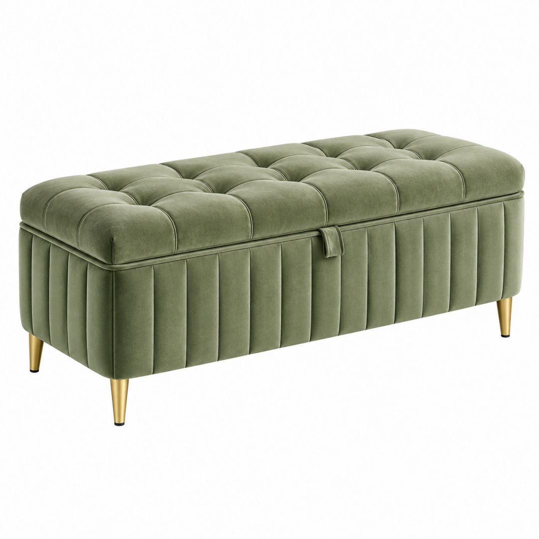 Sitzbank 120 x 45 x 48 cm aus Samt Grün mit Stauraum und Knopfheftung