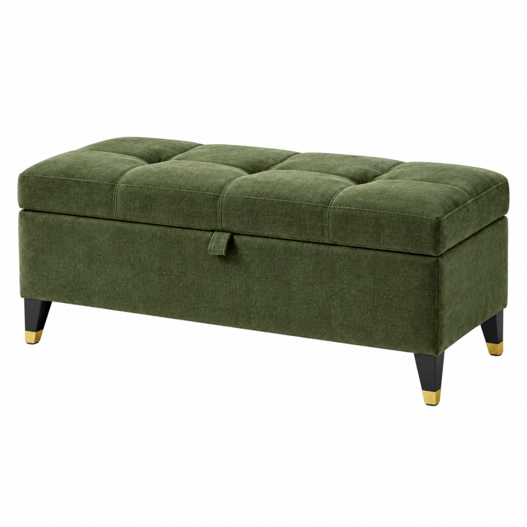 Sitzbank mit Stauraum 100 x 40 x 45 cm olivgrüner Textilbezug - gepolsterte Truhenbank