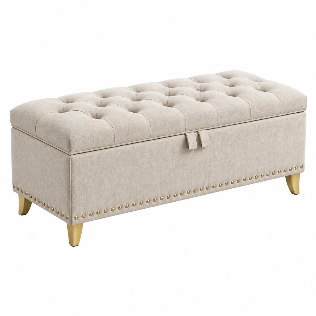 Sitzbank mit Stauraum 120 x 45 x 48 cm - cremefarbener Stoff - gepolstert im Chesterfield-Stil