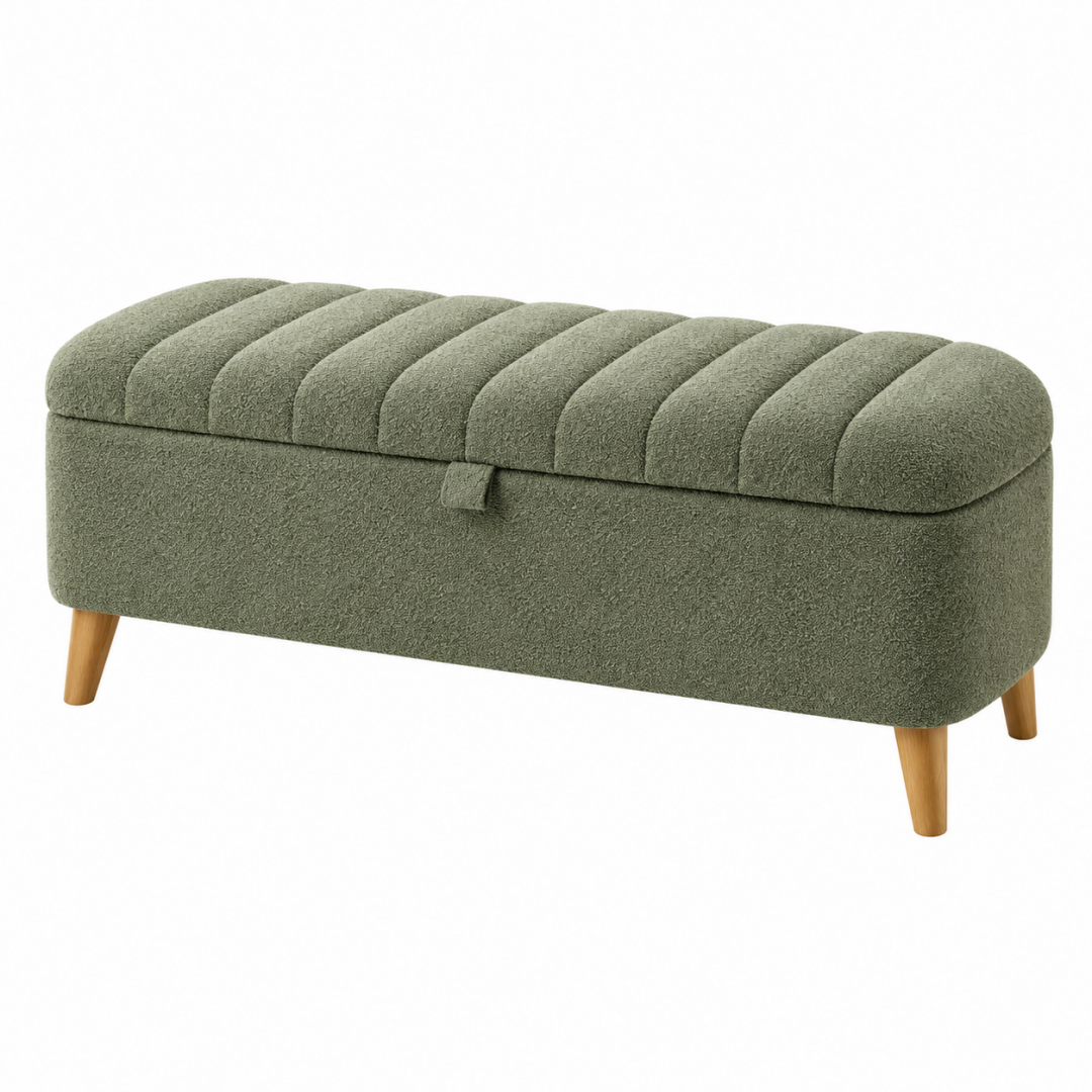 Sitzbank 100 x 40 x 46 cm aus Bouclé-Textil Olivgrün mit Stauraum