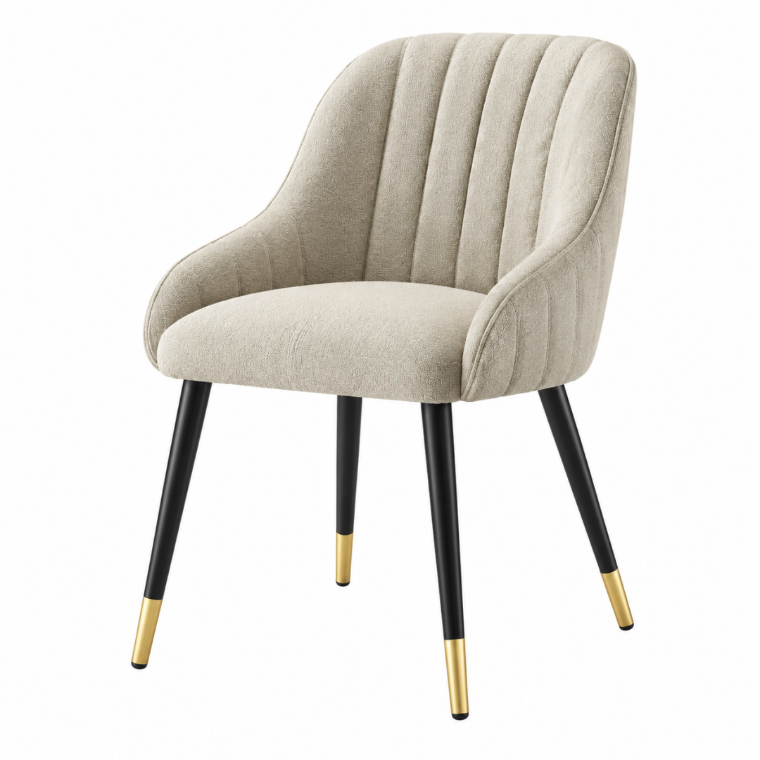Esszimmerstuhl 58 x 62 x 84 cm mit Textilbezug in Beige Metallbeinen in Schwarz Gold gerippter Polsterstuhl