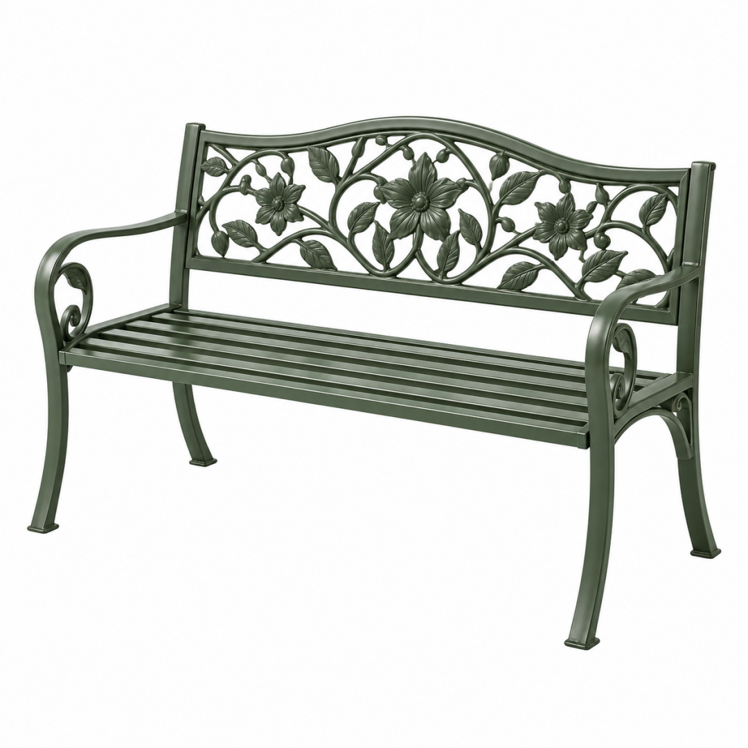 Gartenbank 122 x 61 x 91 cm Metall Dunkelgrün mit Blumenrelief