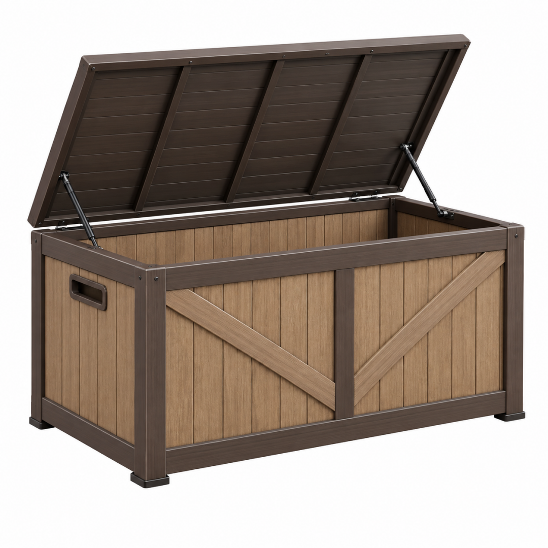 Aufbewahrungsbox 130 x 64 x 62 cm Kunststoff Braun für den Außenbereich mit Klappdeckel