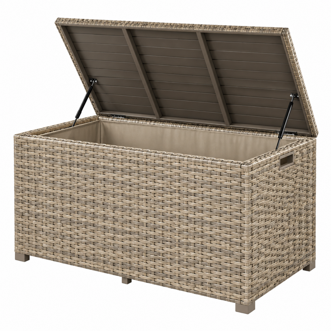Auflagenbox 120 x 50 x 60 cm aus Polyrattan Taupe - Garten Aufbewahrungsbox mit Deckel und Gasdruckfedern