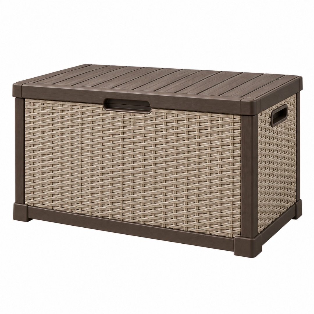Aufbewahrungsbox 120 x 56 x 63 cm Kunststoff Braun Beige für Außenbereich mit Deckel
